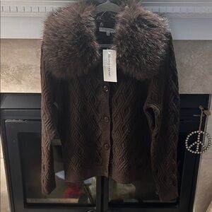LOVETREND Chocolate Brown Cardigan with Faux Fur Collar